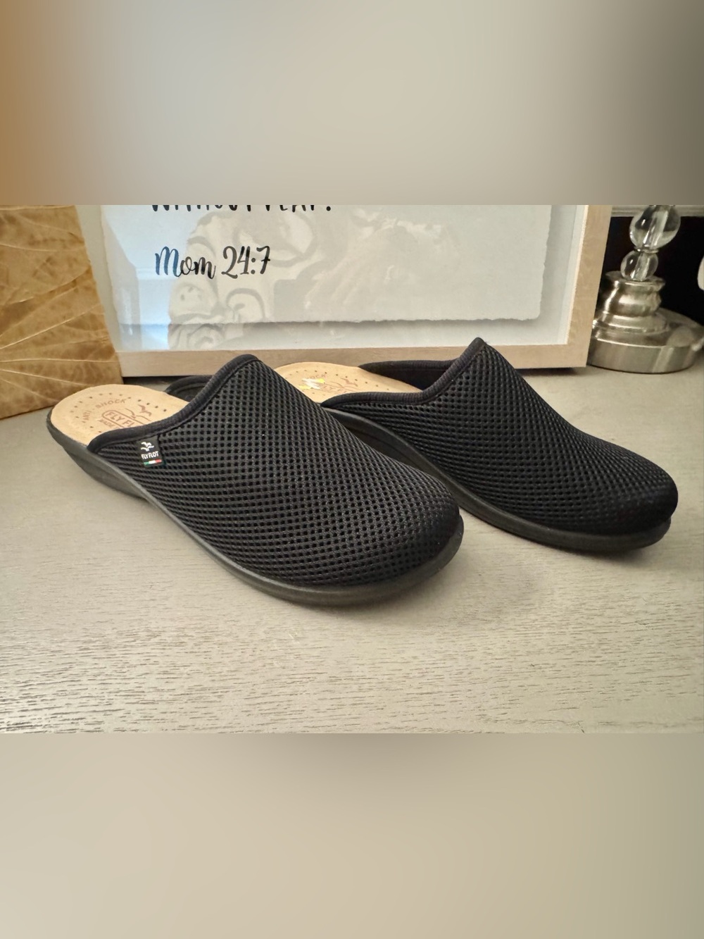 Fly Flot Black Mesh Comfort Clogs Mules Made in Italy